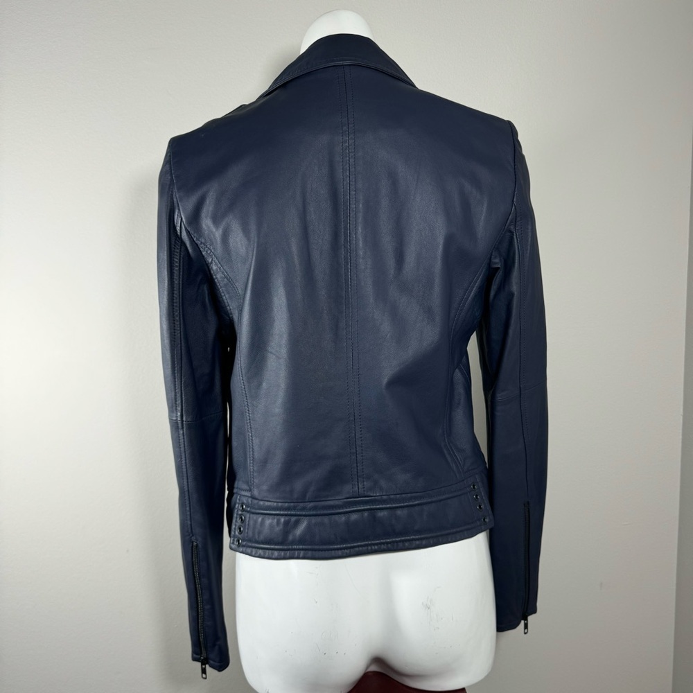 JOIE Caldine Moto Jacket Navy Blue Leather Zip Up Collared Women’s Size Medium - Picture 7 of 16